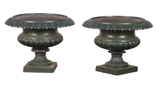 LARGE PAIR OF PAINTED CAST IRON GARDEN URNS C 1900.