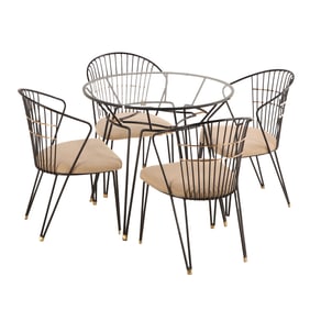 IRON AND BRONZE GLASS TOP TABLE AND FOUR MATCHING CHAIRS ATTRIBUTED TO COMTE C 1950.