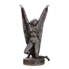 72" BRASS ART DECO STYLE FULL NUDE FEMALE FIGURE WITH OUTSTRETCHED ARMS HOLDING A CAPE.