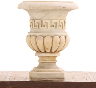 TABLE TOP CARVED MARBLE URN WITH GREEK KEY MOTIF C 1900.