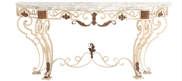 LARGE FRENCH WROUGHT IRON MARBLE TOP CONSOLE TABLE C 1920