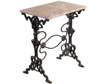 CAST IRON ART NOUVEAU STYLE MARBLE TOP GARDEN TABLE.