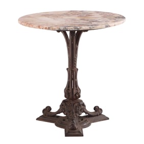 CAST IRON PUB TABLE HAVING A BEAUTIFUL FRENCH MARBLE TOP.