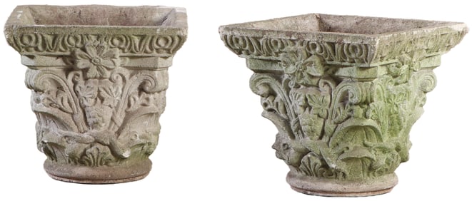 PAIR OF CAST STONE PLANTERS C 1950 IN THE FORM OF ARCHITECTURAL CAPITALS.