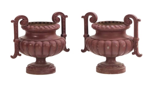 ONE OF TWO PAIR OF PAINTED FRENCH CAST IRON GARDEN  URNS C 1890. LABELED ALFRED CORNEAU.