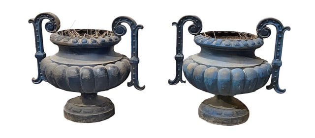 ONE OF TWO PAIR OF FRENCH PAINTED CAST IRON GARDEN URNS WITH HANDLES C 1890. LABELED ALFRED CORNEAU.