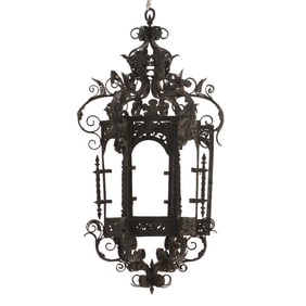 36" ITALIAN WROUGHT IRON HANGING LANTERN C 1900. NOT ELECTRIFIED.