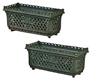 PAIR OF FRENCH CAST IRON TERRACE URNS WITH BASKET WEAVE DESIGN.