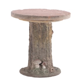 FRENCH CAST STONE FAUX BOIS GARDEN TABLE WITH MUSHROOM DECORATION.