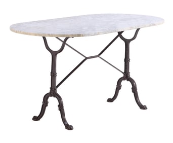 55" FRENCH CAST IRON BISTRO TABLE WITH MARBLE TOP.