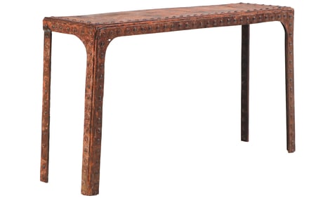 FRENCH IRON CONSOLE TABLE FASHIONED FROM A NINETEENTH CENTURY WATER TANK IN OLD ORANGE PAINT.