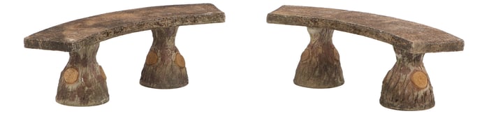 PAIR OF FRENCH THREE PART CAST STONE FAUX BOIS GARDEN BENCHES C 1960.