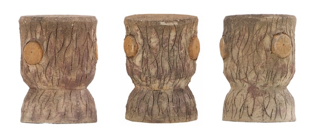 THREE FRENCH CAST STONE FAUX BOIS GARDEN STOOLS C 1960.