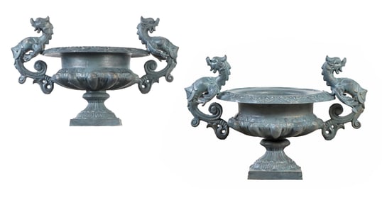PAIR OF VICTORIAN STYLE CAST IRON GARDEN URNS HAVING WINGED GRIFFIN HANDLES.
