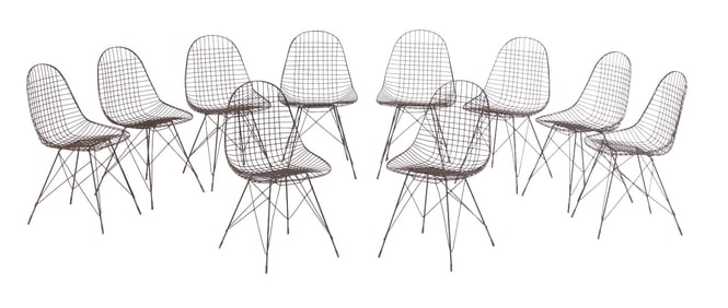 A SET OF TEN BERTOIA STYLE IRON GARDEN CHAIRS.