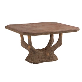 FRENCH FIBERGLASS FAUX BOIS GARDEN TABLE.