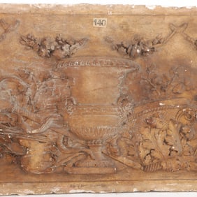 A LARGE ANTIQUE FRENCH PLASTER RELIEF PANEL FEATURING A CLASSICAL DESIGN INCLUDING ASCLEPIUS