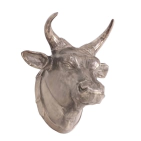A LARGE WALL MOUNTED ALUMINUM FRENCH BUST OF A BULL.
