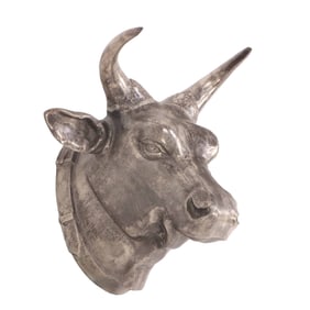 A LARGE WALL MOUNTED ALUMINUM FRENCH BUST OF A BULL.