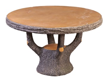 TWO PIECE FRENCH CAST STONE FAUX BOIS GARDEN TABLE C 1960.