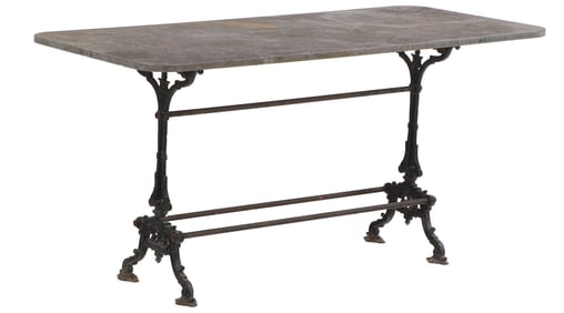 60" FRENCH CAST IRON GARDEN TABLE WITH BLUE STONE TOP C 1900.