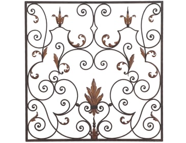 SCROLL FORM SQUARE PAINTED AND GILT WROUGHT IRON PANEL C 1900.