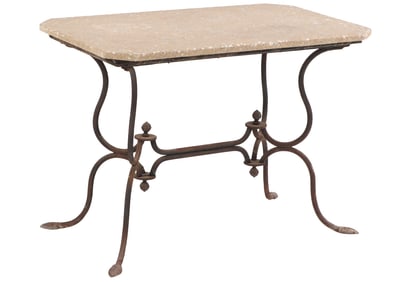 ELEGANT SCROLL FORM FRENCH WROUGHT IRON AND CAST STONE GARDEN TABLE C 1930. TOP HAVING A PEBBLE