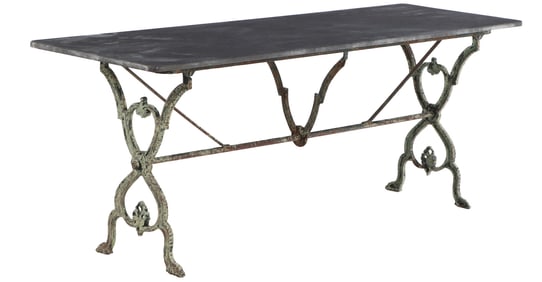 79" FRENCH PAINTED CAST IRON GARDEN TABLE WITH BLUE STONE TOP AND NICE OLD PATINA C 1880.