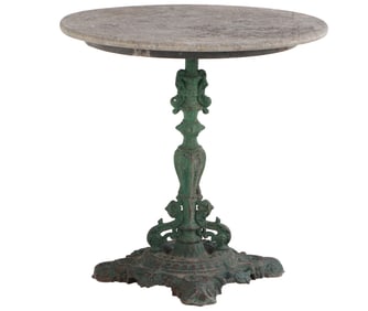 NINETEENTH CENTURY FRENCH CAST IRON GARDEN TABLE IN OLD GREEN PAINT WITH A MARBLE TOP C 1880.
