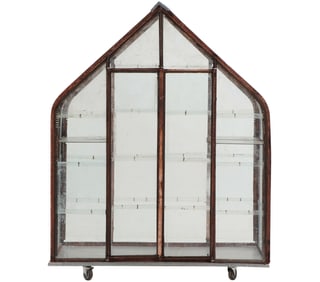 ONE OF A PAIR OF IRON AND GLASS GREENHOUSES MADE FROM RECYCLED MATERIALS.
