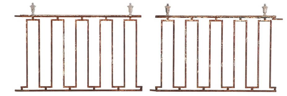 PAIR GEORGIAN STYLE IRON PANELS WITH ZINC FINIALS: A pair of Georgian style iron geometric panels with zinc finials circa 1920. Ht: 34" Wd: 46"