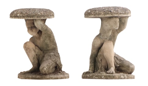 A PAIR OF FIGURAL CAST STONE FRENCH TABLES HAVING STONE AGGREGATE TOPS CIRCA 1950.