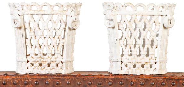 PAIR CAST IRON BASKET WEAVE PLANTERS WITH RING DECORATION IN THE MANNER OF COALBROOKDALE.
