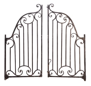 SUBSTANTIAL PAIR OF FRENCH WROUGHT IRON GARDEN GATES HAVING AN ARCHED DESIGN C 1930.