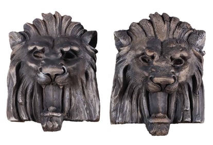 PAIR OF GLAZED TERRACOTTA ARCHITECTURAL LION MASKS C 1910.