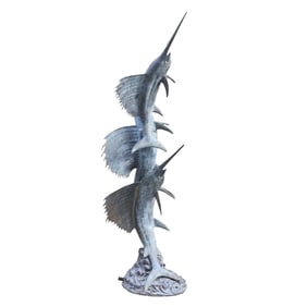 LARGE BRONZE FOUNTAIN DEPICTING THREE SAIL FISH HAVING WATER SPOUTING FROM THE MOUTH OF EACH.