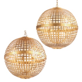 LARGE PAIR OF SPHERICAL GILT IRON LIGHT FIXTURES.