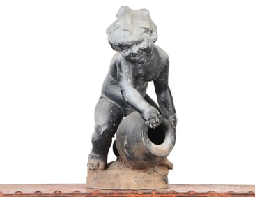 SMALL LEAD FOUNTAIN FIGURE OF A CHERUB POURING FROM A JUG.