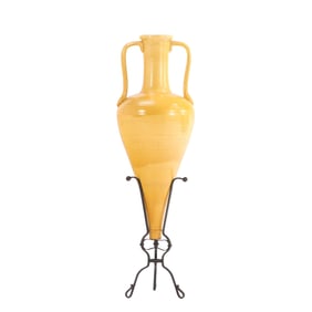 50" GLAZED TERRACOTTA VESSEL ON WROUGHT IRON BASE.