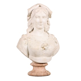 CARVED WHITE MARBLE BUST OF A FEMALE WITH BRAIDED HAIR RESTING ON A ROSA VERONA MARBLE BASE C 1910.