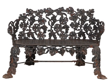 CAST IRON GRAPE PATTERN GARDEN BENCH WITH RETICULATED SEAT C 1920.