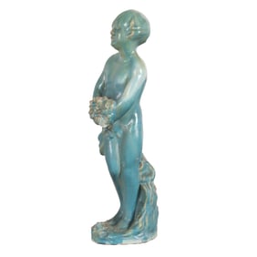 GLAZED TERRACOTTA FOUNTAIN FIGURE DEPICTING A YOUNG GIRL HOLDING FLOWERS C 1950.