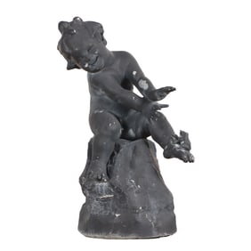 PLAYFUL PAINTED LEAD FOUNTAIN OF A YOUNG GIRL AND A FROG.
