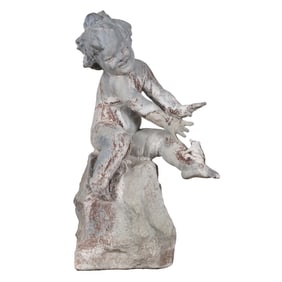 25" LEAD FOUNTAIN FIGURE DEPICTING A YOUNG GIRL ON A ROCK WITH A SPOUTING FROG RESTING ON HER LEG.