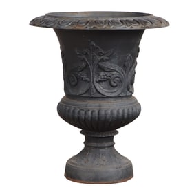 CAST IRON DECORATED GARDEN URN.