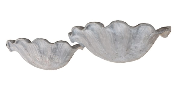 PAIR OF HALF ROUND SHELL FORM WALL MOUNTED LEAD BIRDBATHS.