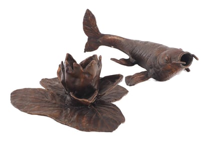 A BRONZE CARP AND A BRONZE LOTUS FLOWER.