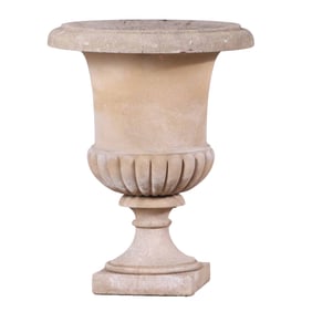 27" TWO PART HADDONSTONE CAMPAGNA FORM GARDEN URN.