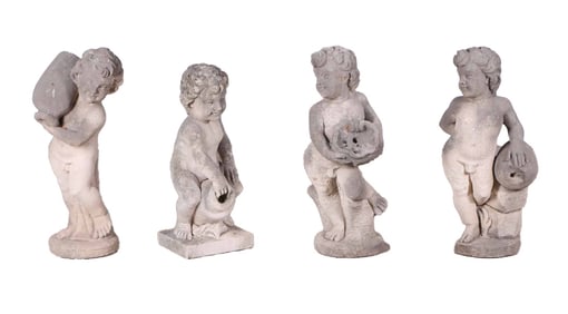 FOUR ITALIAN STONE PUTTO THREE OF WHICH ARE HOLDING WATER JUGS.