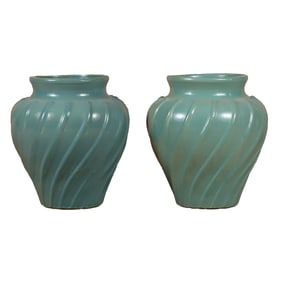 PAIR OF GREEN GLAZED EARTHENWARE POTS IN THE MANNER OF GALLOWAY C 1940.
